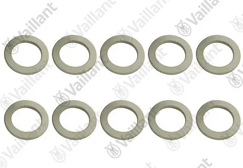 Vaillant Dichtungen in Form von runden Metallringen, angeordnet in zwei Reihen, insgesamt zehn Stück, neutraler Hintergrund.